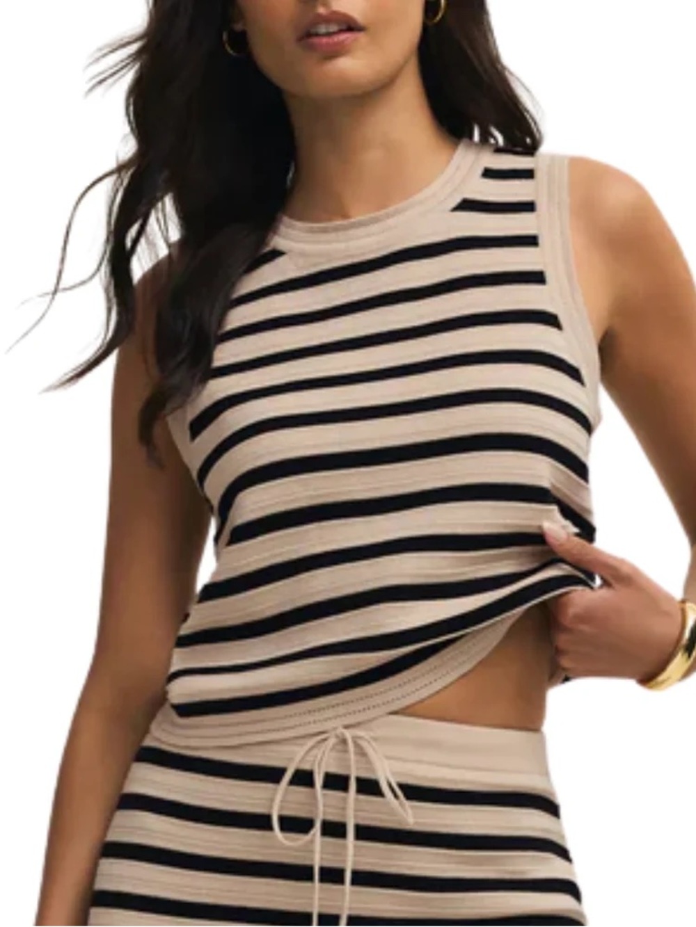 Beige and Black Striped Sleeveless Tank Top
